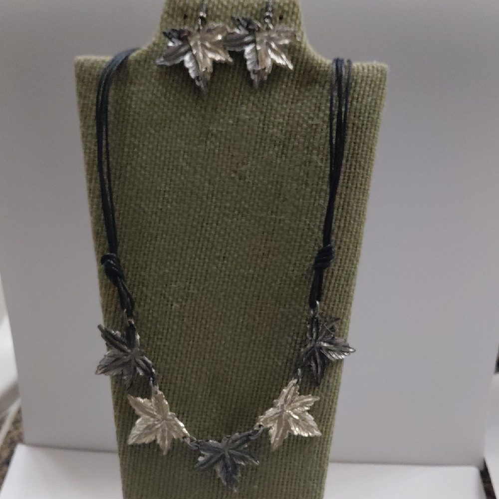 Silver Tone Leaf Pendant Necklace and Earring Set - Black Cord